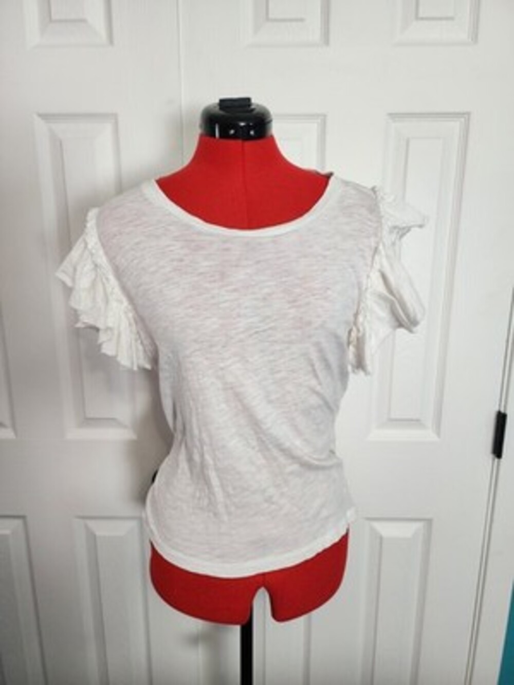 INDUSTRY 100% Pima Cotton White Ruffle Sleeve Crew Neck T-Shirt Womens M/M